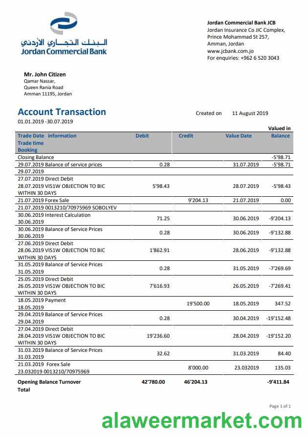 Jordan Commercial Bank statement